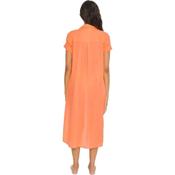 Becca Gauzy Nectar Orange Button Down Midi Beach Coverup Shirt Dress Size Small - Picture 2 of 11